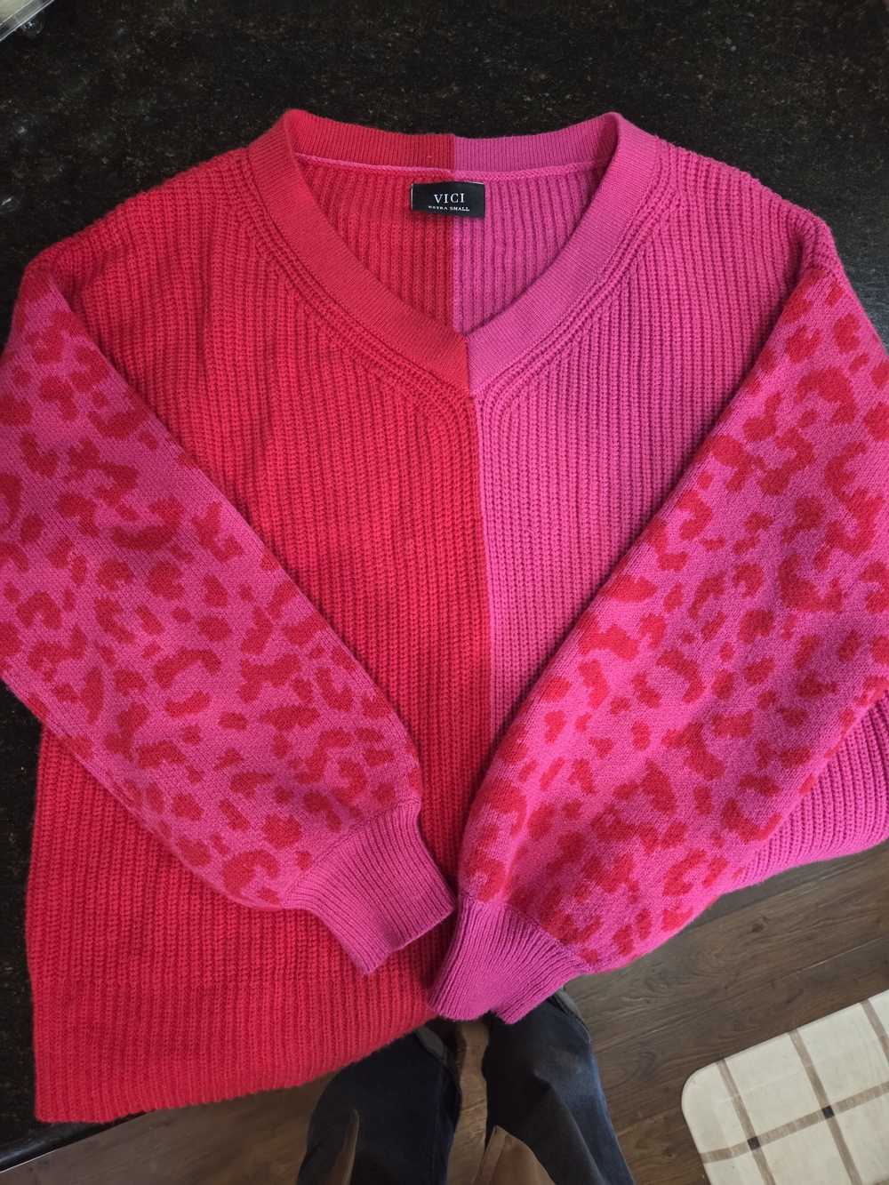 Vici Two-Tone Hot Pink & Pink Leopard V-Neck Sweater